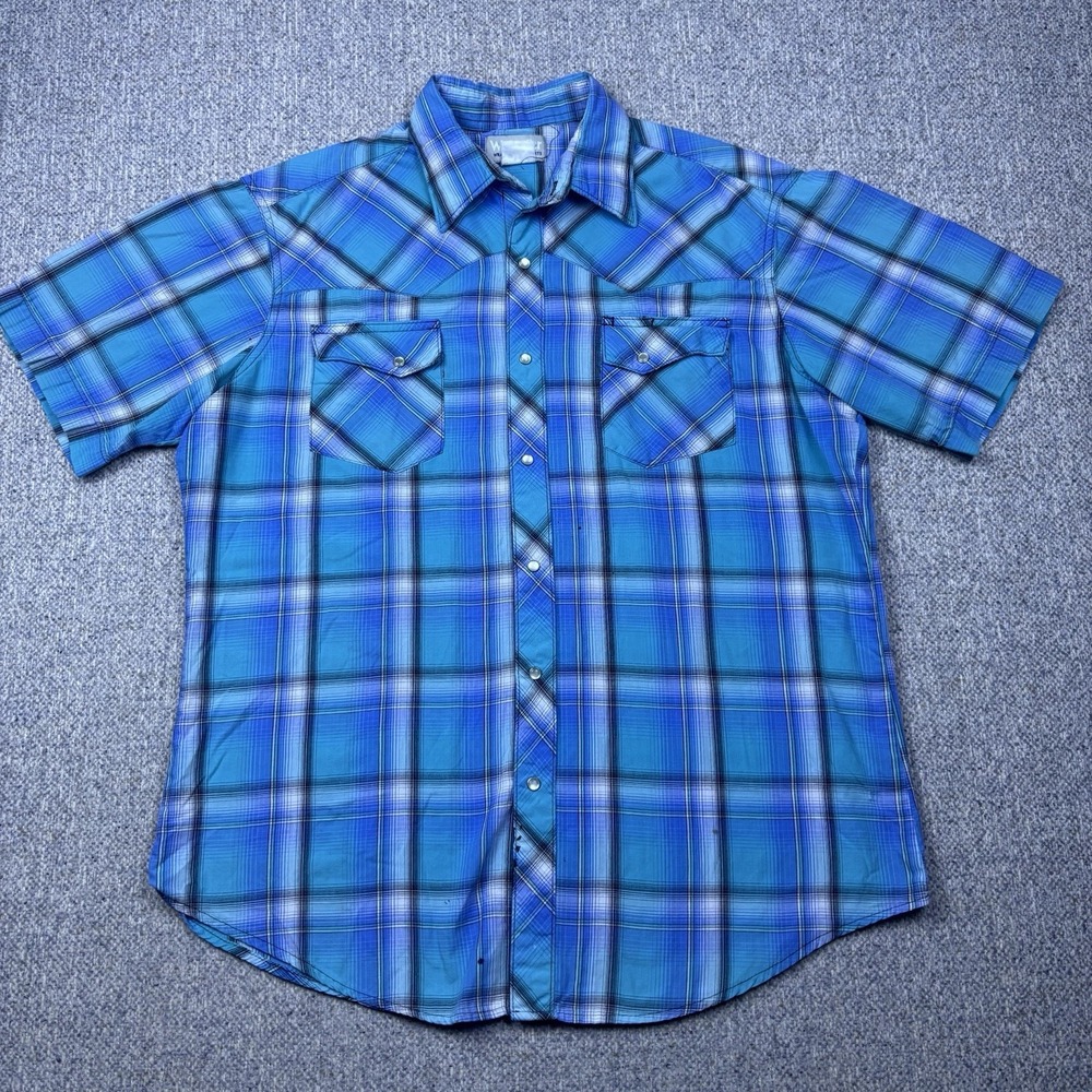 Wrangler Western Shirt Men's Pearl Snap Blue Plaid Short Sleeve Cowboy Rodeo